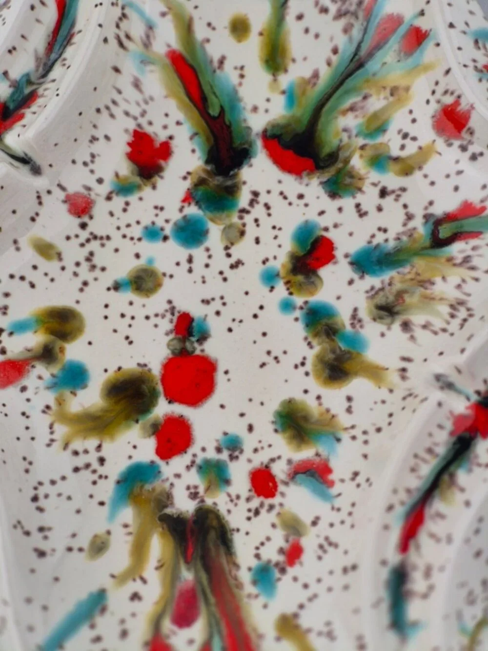Speckled Ceramic Ashtray Drip Glaze Splatter Mid Century Modern Red Turquoise